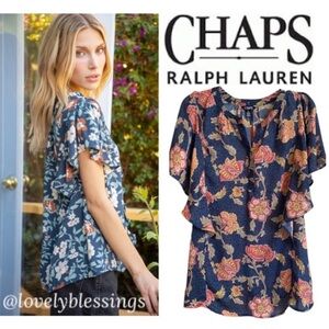 Flower Print Ruffled Short Sleeve Blouse Chaps Floral Shirts Tunics Size Medium